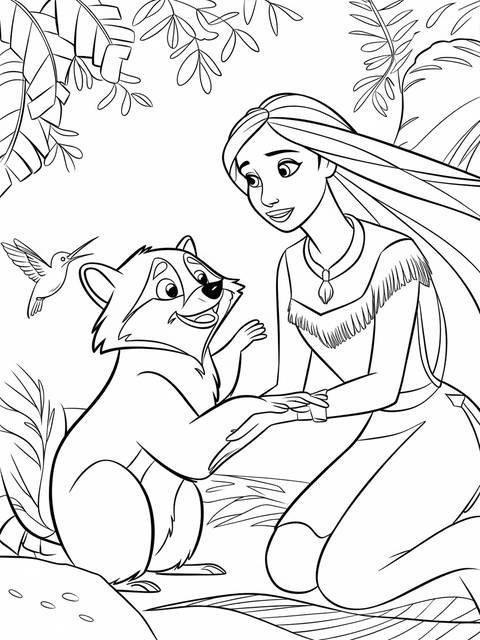 Pocahontas interacting with a raccoon and a hummingbird, a coloring page cover
