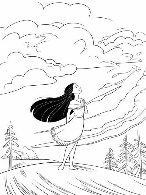 Line art of pocahontas, looking up at the sky with wind-blown hair