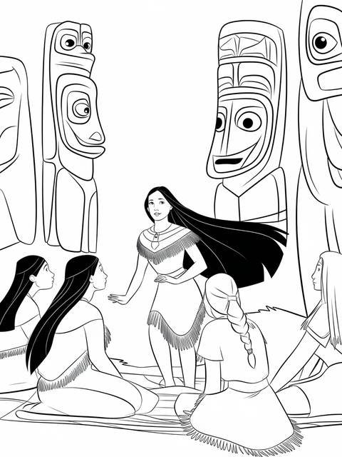 Pocahontas participating in a ceremony, surrounded by other women and totem poles