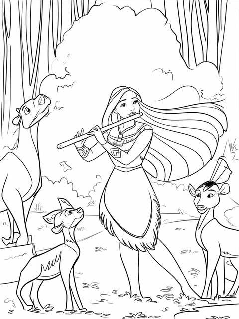 Pocahontas playing a wooden flute, surrounded by deer in a forest coloring page