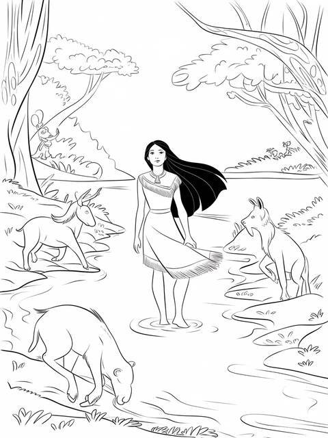 Pocahontas standing in water, surrounded by animals, in a coloring page illustration