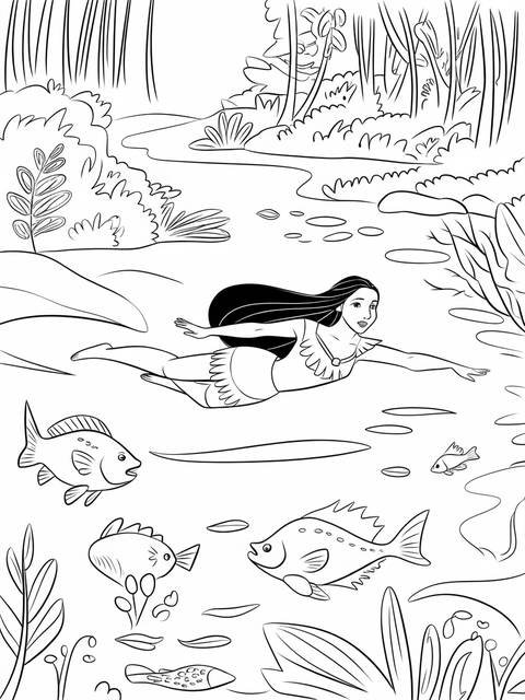 Pocahontas swimming in a river, surrounded by fish in a coloring book page