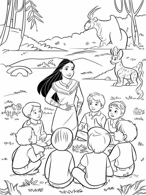 Pocahontas teaching a group of children, with animals in the background of the scene