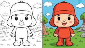 Pocoyo coloring page featuring a cheerful character in a red outfit, two panel image