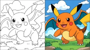 Pokemon coloring page featuring a pikachu-like creature with wings and a smiling face