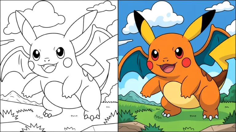 Pokemon coloring page featuring a pikachu-like creature with wings and a smiling face