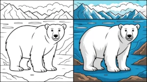 Polar bear coloring page: two panels showing a bear in arctic landscape, one colored