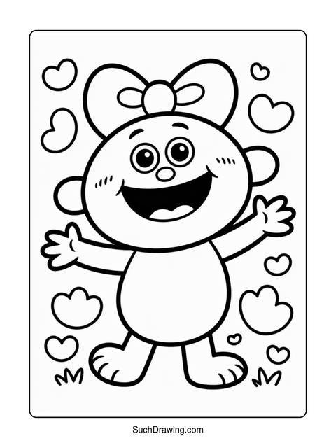 Line art of a smiling cartoon character with a bow and hearts
