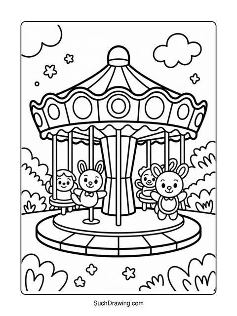Black and white coloring page of a carousel with cartoon characters