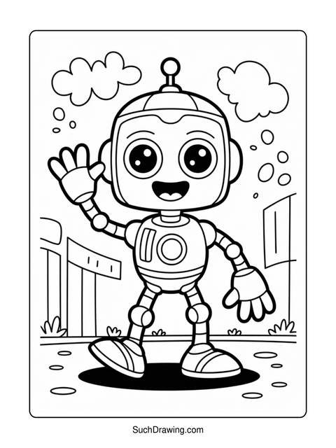 Black and white coloring page of a friendly robot waving hello