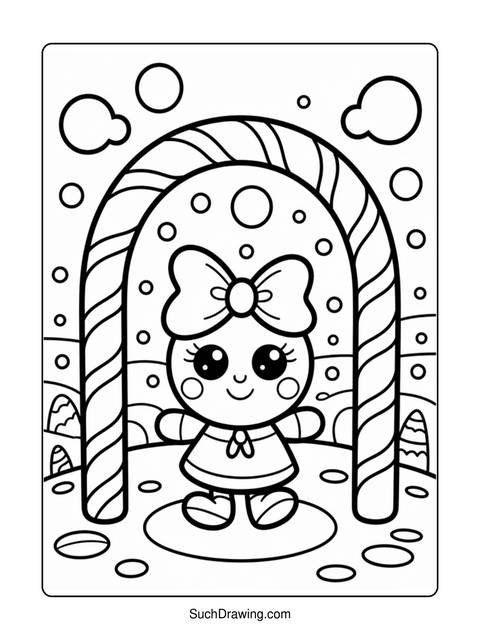 Black and white coloring page of a cute character with a bow