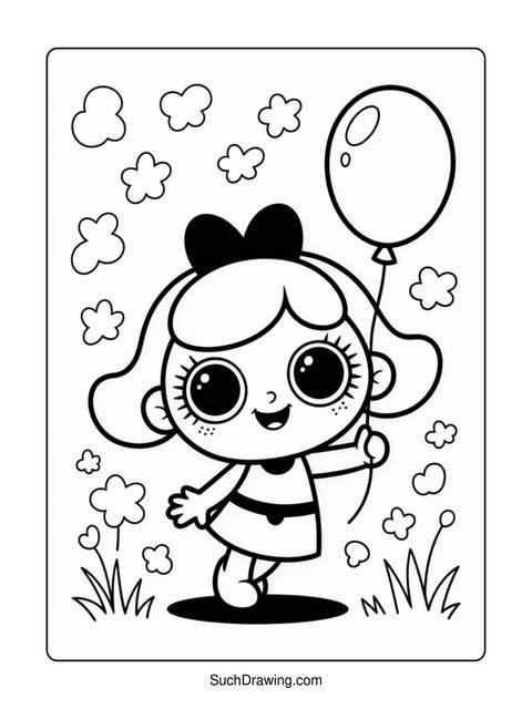 A cartoon girl with a balloon, surrounded by clouds and grass