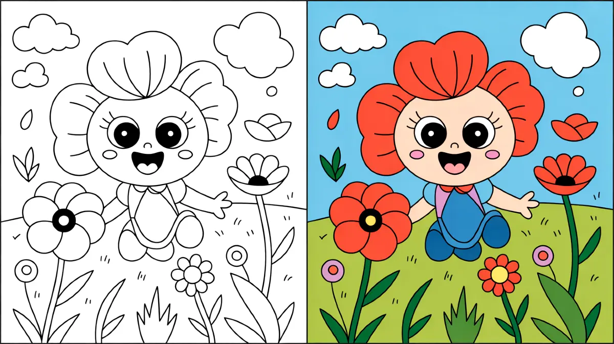 Poppy playtime coloring page featuring a smiling flower girl with red hair