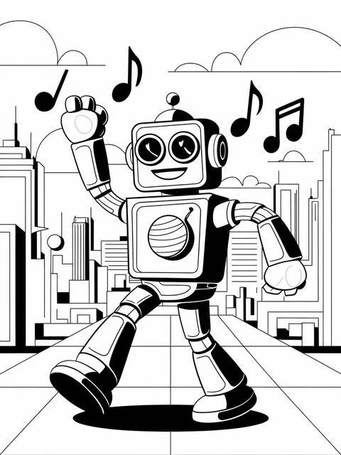 A cartoon robot dancing with musical notes, a positive cover image