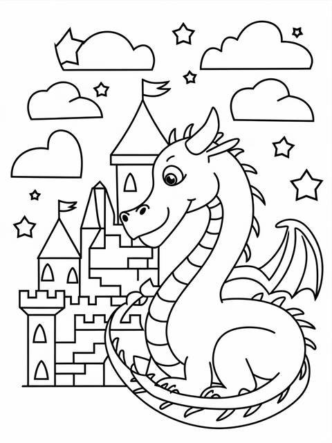 A friendly dragon curled up near a castle, a coloring page illustration