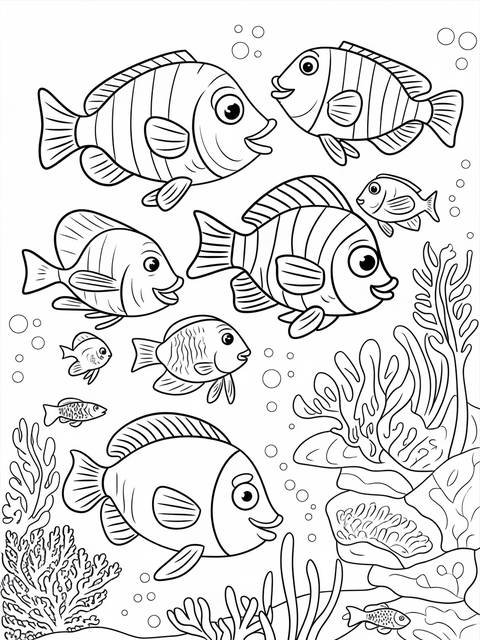 A group of lively fish swimming in an underwater scene, ready for coloring