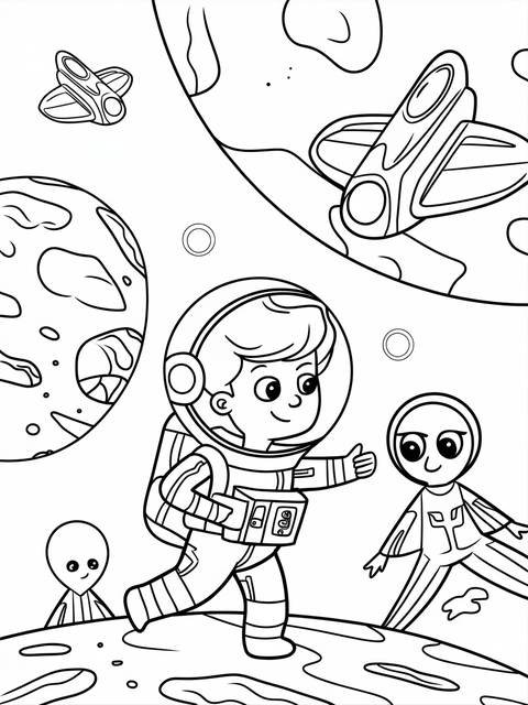 Black and white coloring page of an adventurous little astronaut and aliens