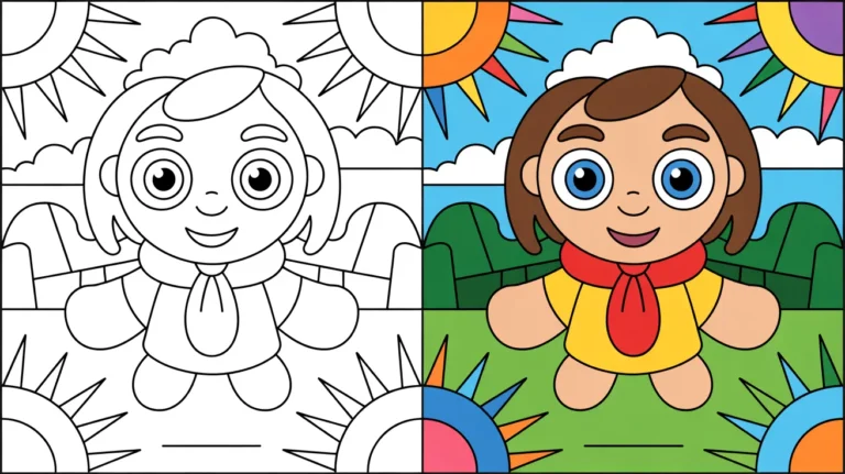 Positive coloring page featuring a smiling cartoon character and colorful suns