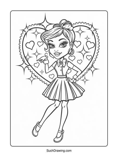 A black and white coloring page of a girl with a heart background