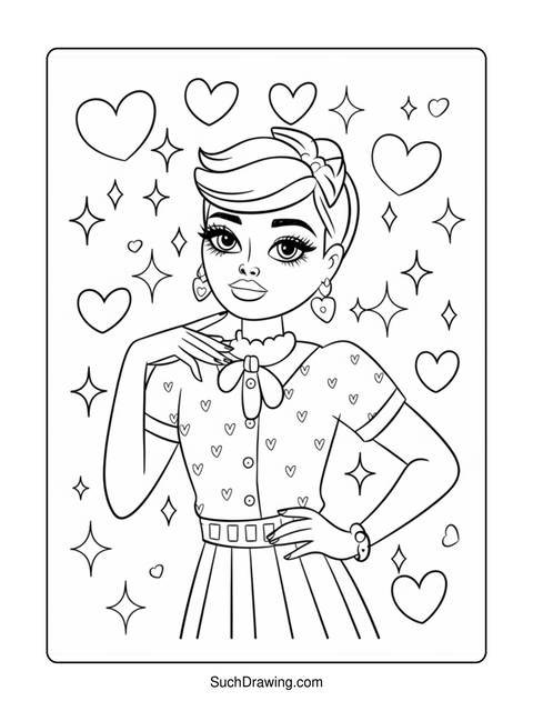 Line art of a woman with heart earrings and hearts around her