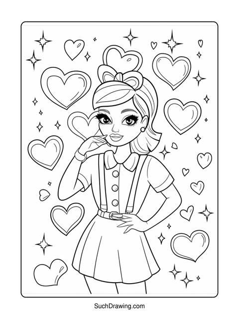 Line art of a girl surrounded by hearts and stars, ready for coloring