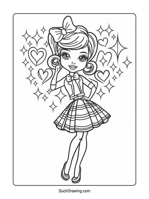 Coloring page of a girl with a bow, skirt, and hearts in the background