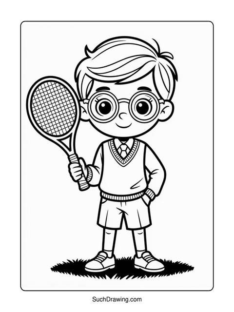 Black and white illustration of a boy holding a tennis racket
