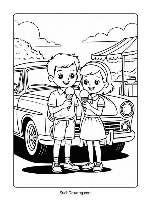 Black and white coloring page of a boy and girl with ice cream