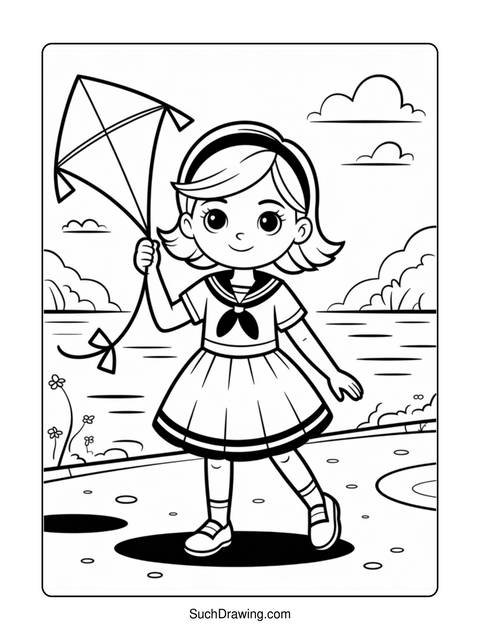 A girl in a dress holding a kite, ready to play outside