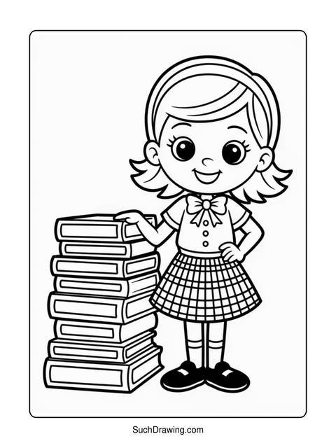 Line art of a girl with books, ready for coloring