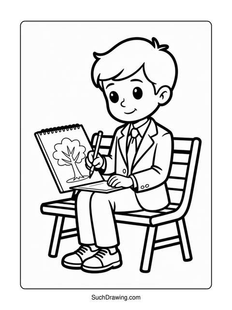 A boy sketching a tree in a notebook while sitting on a bench