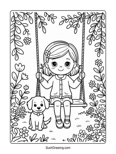 Line art of a girl on a swing with a puppy in a garden