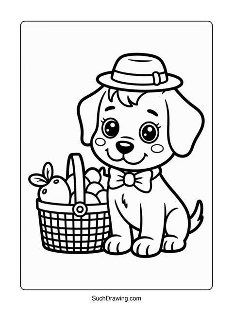 A cute puppy wearing a hat and bow tie with a basket of eggs