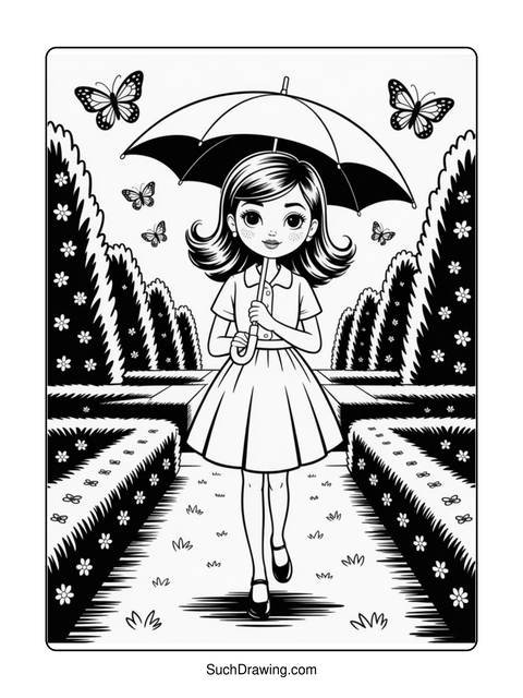 A young girl holding an umbrella, walking on a path, butterflies around