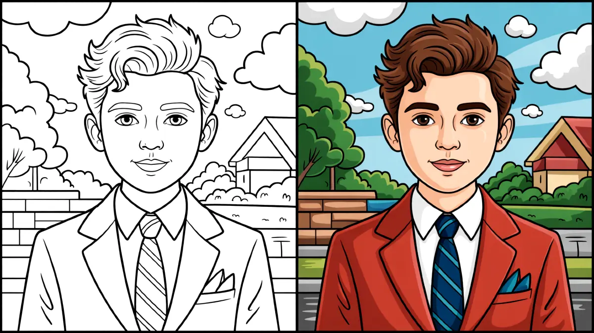 Preppy coloring page featuring a young man in a suit, with a house background