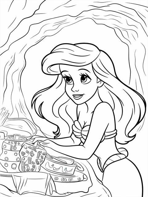Princess ariel, from the little mermaid, looking at a table of food