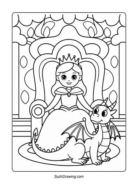 Coloring page of a princess sitting on a throne with a dragon