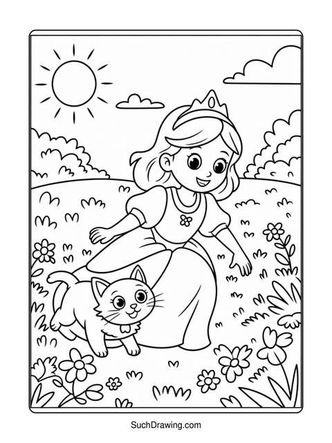 Line art of a princess with a cat in a field of flowers