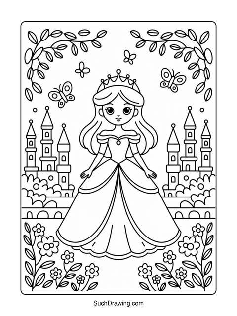 Black and white coloring page of a princess with a crown and butterflies