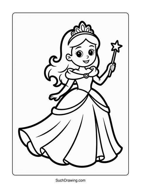 Black and white illustration of a princess holding a star-shaped wand