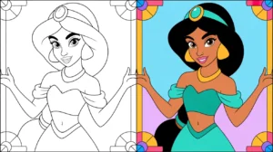 Princess jasmine coloring page, featuring a colored and uncolored side-by-side comparison