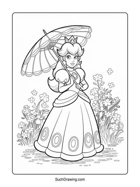 Princess peach holding an umbrella, standing in a field of flowers