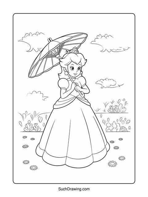 Line art of princess peach holding an umbrella, standing in a field