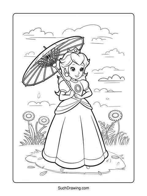 Line art of princess peach holding an umbrella, standing in a puddle