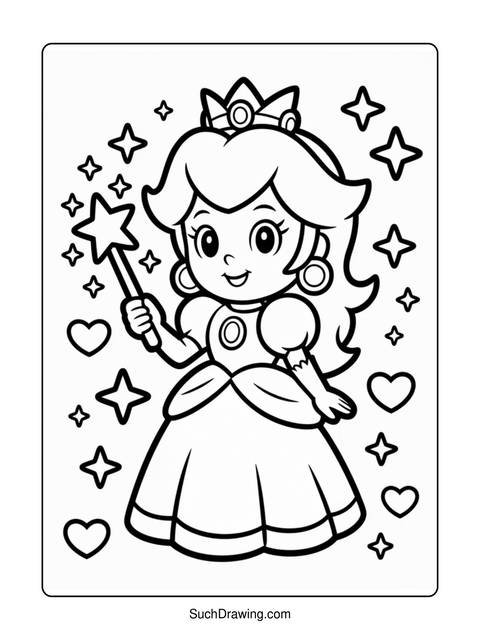 Princess peach coloring page holding a wand with stars and hearts around her