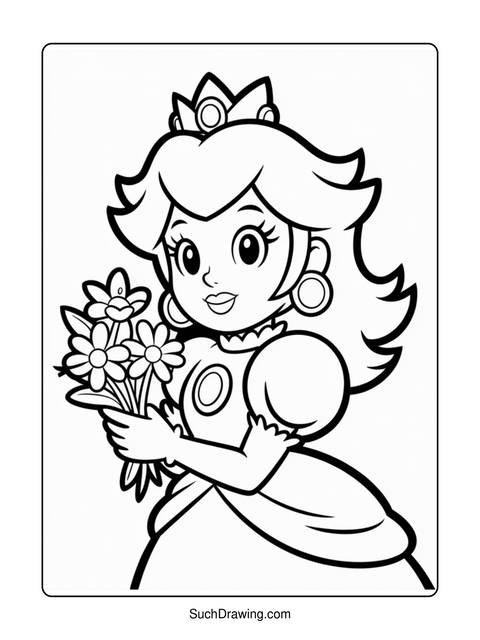 Princess peach holding flowers, a black and white coloring page