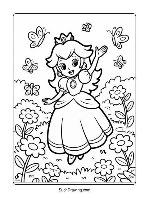 Black and white coloring page of princess peach surrounded by butterflies and flowers