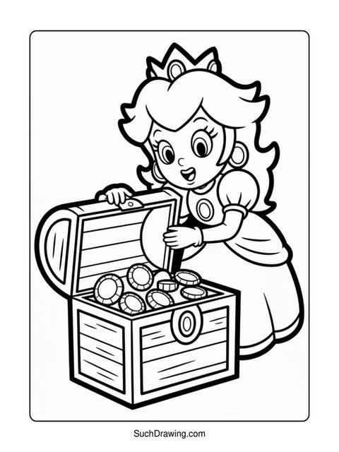 Princess peach opening a treasure chest filled with coins in a coloring page