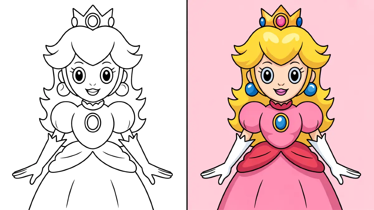 Princess peach coloring page: a cartoon illustration of the princess