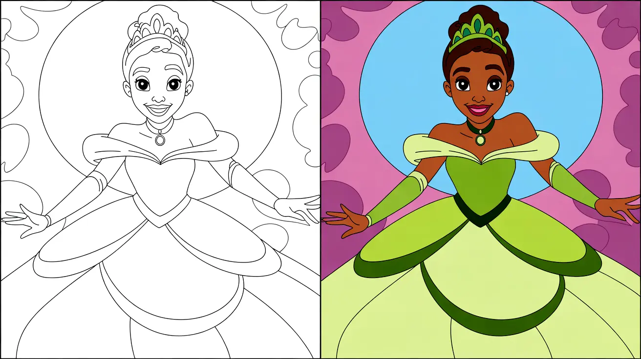 Princess tiana coloring page: a two-pane image, colored and outline versions